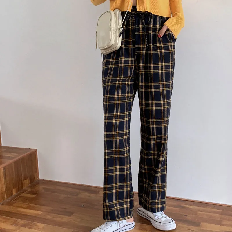 Chequered Straight Loose Wide Leg Pants Women Korean Floor Length Drape High Waist Hong Kong Casual Long Pants