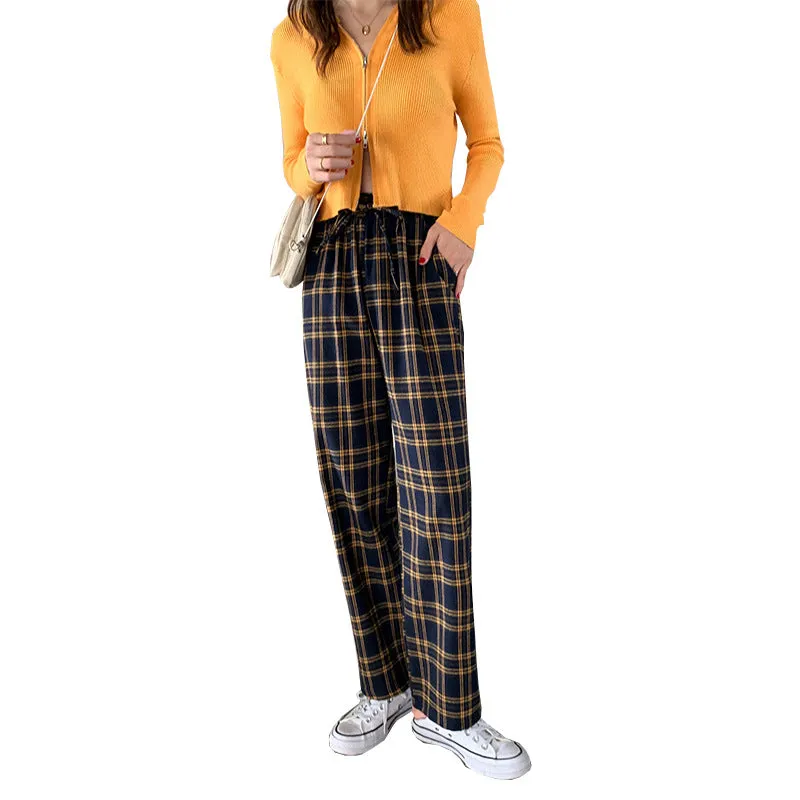 Chequered Straight Loose Wide Leg Pants Women Korean Floor Length Drape High Waist Hong Kong Casual Long Pants