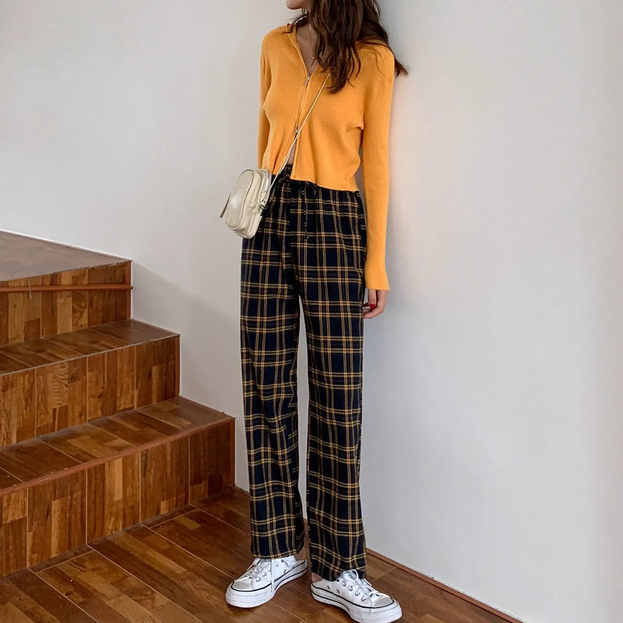 Chequered Straight Loose Wide Leg Pants Women Korean Floor Length Drape High Waist Hong Kong Casual Long Pants