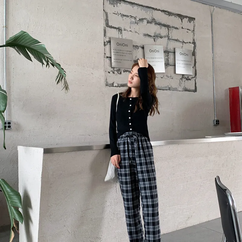 Chequered Straight Loose Wide Leg Pants Women Korean Floor Length Drape High Waist Hong Kong Casual Long Pants