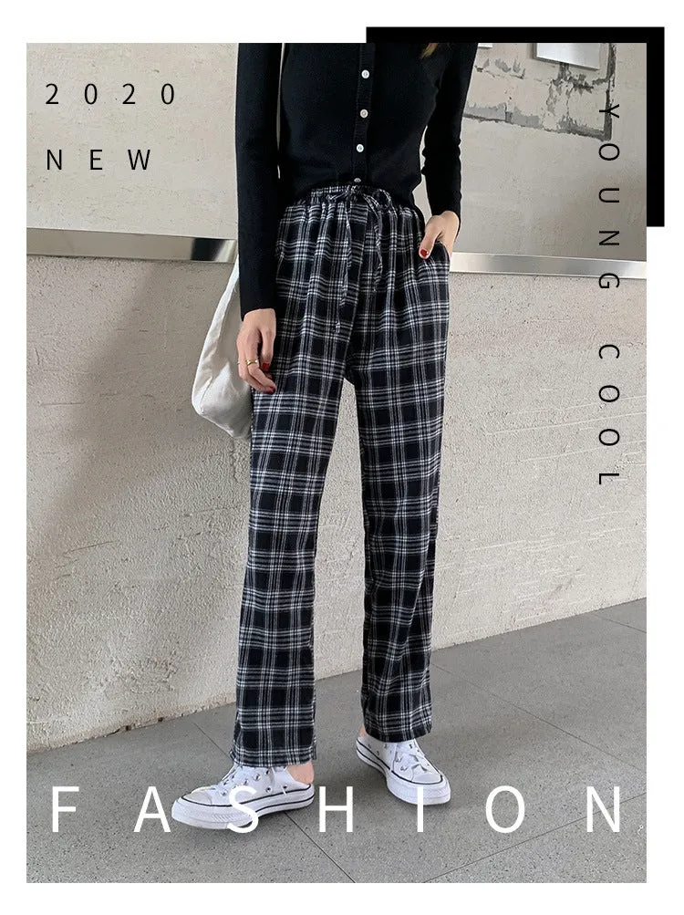 Chequered Straight Loose Wide Leg Pants Women Korean Floor Length Drape High Waist Hong Kong Casual Long Pants