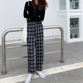 Chequered Straight Loose Wide Leg Pants Women Korean Floor Length Drape High Waist Hong Kong Casual Long Pants