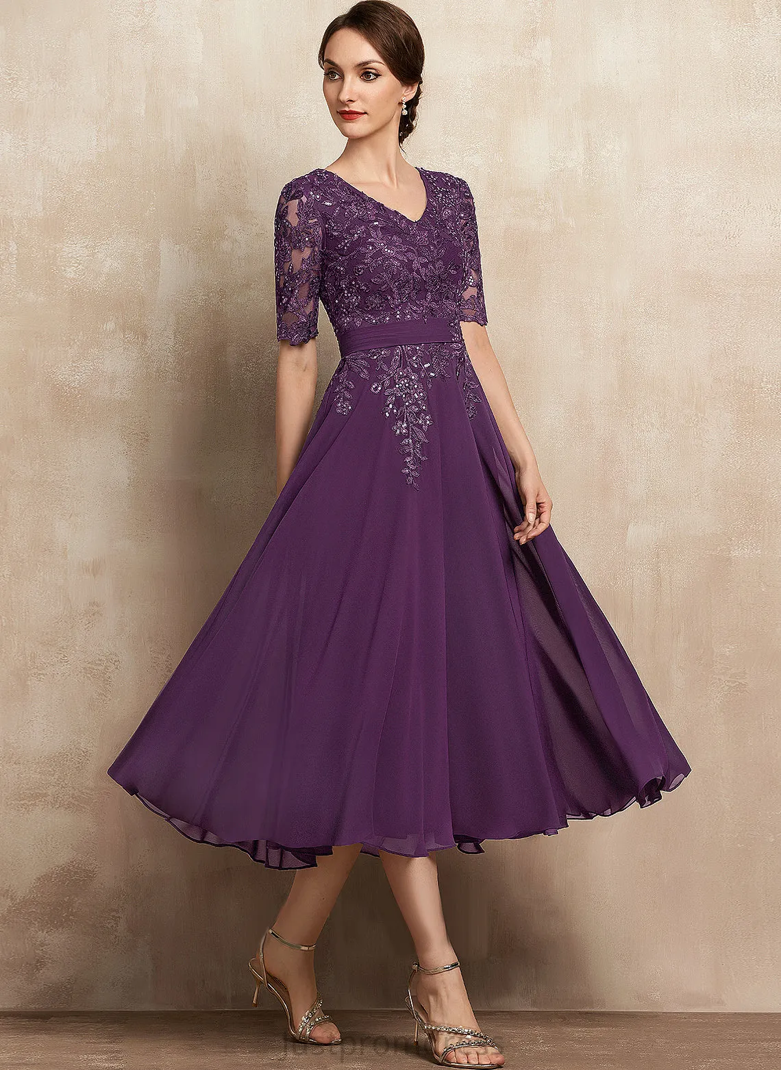 Chiffon A-Line Dress Cocktail Lace Athena With Cocktail Dresses Sequins Tea-Length V-neck