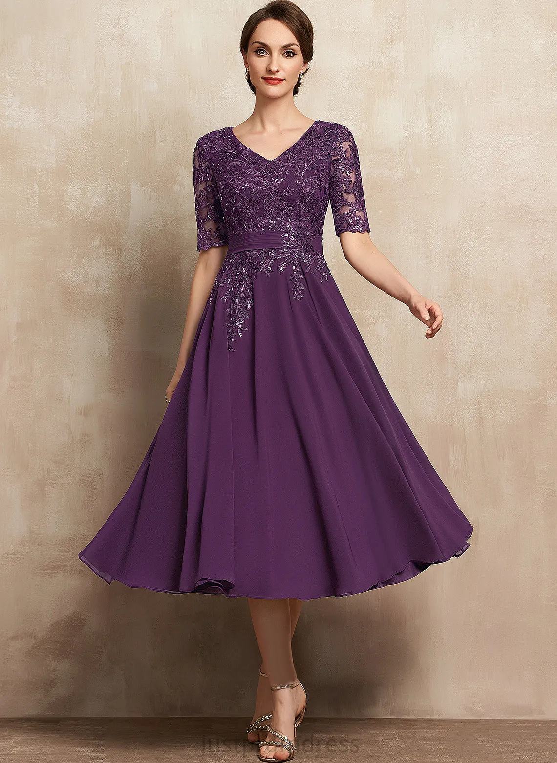 Chiffon A-Line Dress Cocktail Lace Athena With Cocktail Dresses Sequins Tea-Length V-neck