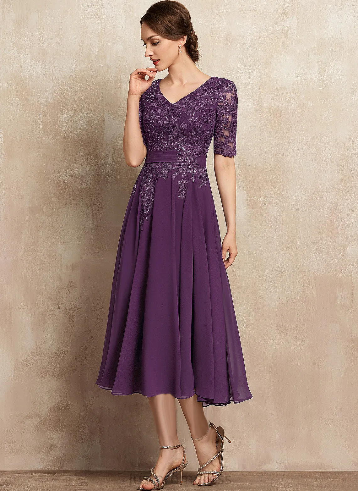 Chiffon A-Line Dress Cocktail Lace Athena With Cocktail Dresses Sequins Tea-Length V-neck