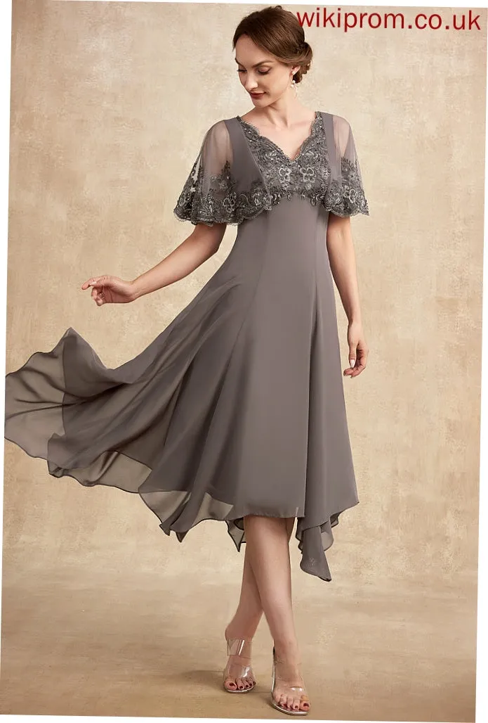 Chiffon Dress Lace Beading With Mother Mother of the Bride Dresses the A-Line V-neck Nathalia Bride Tea-Length Sequins of