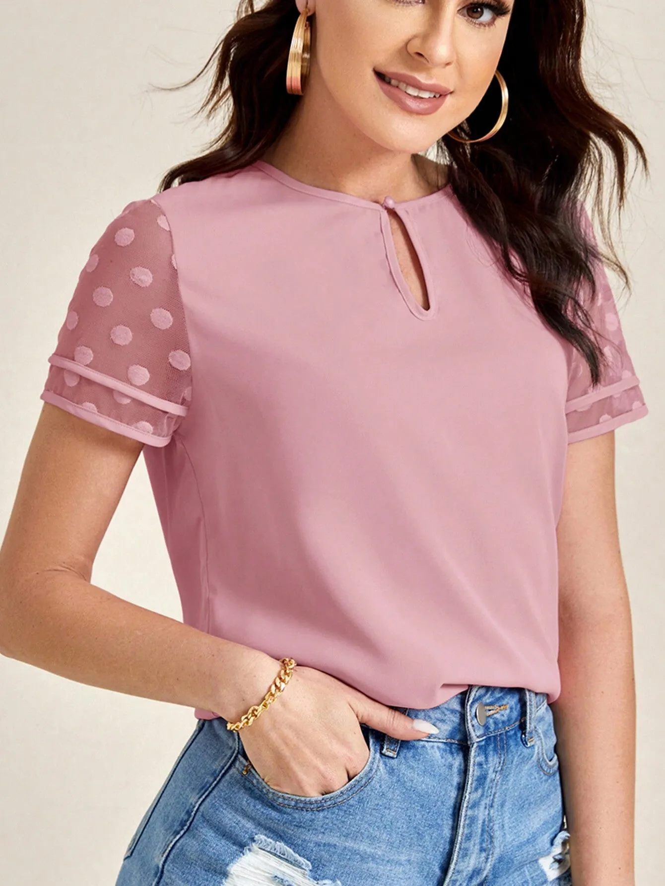 Clasi Ladies' Polka Dot Sheer Short Sleeve Blouse