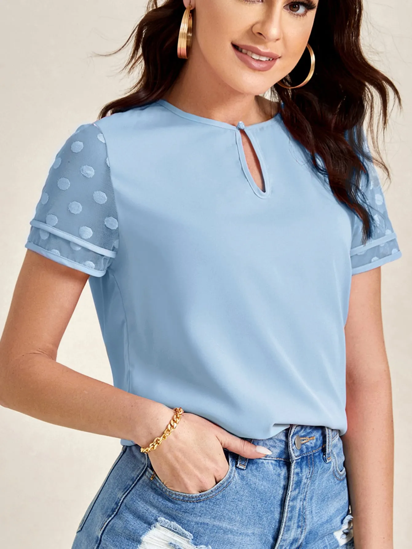 Clasi Ladies' Polka Dot Sheer Short Sleeve Blouse