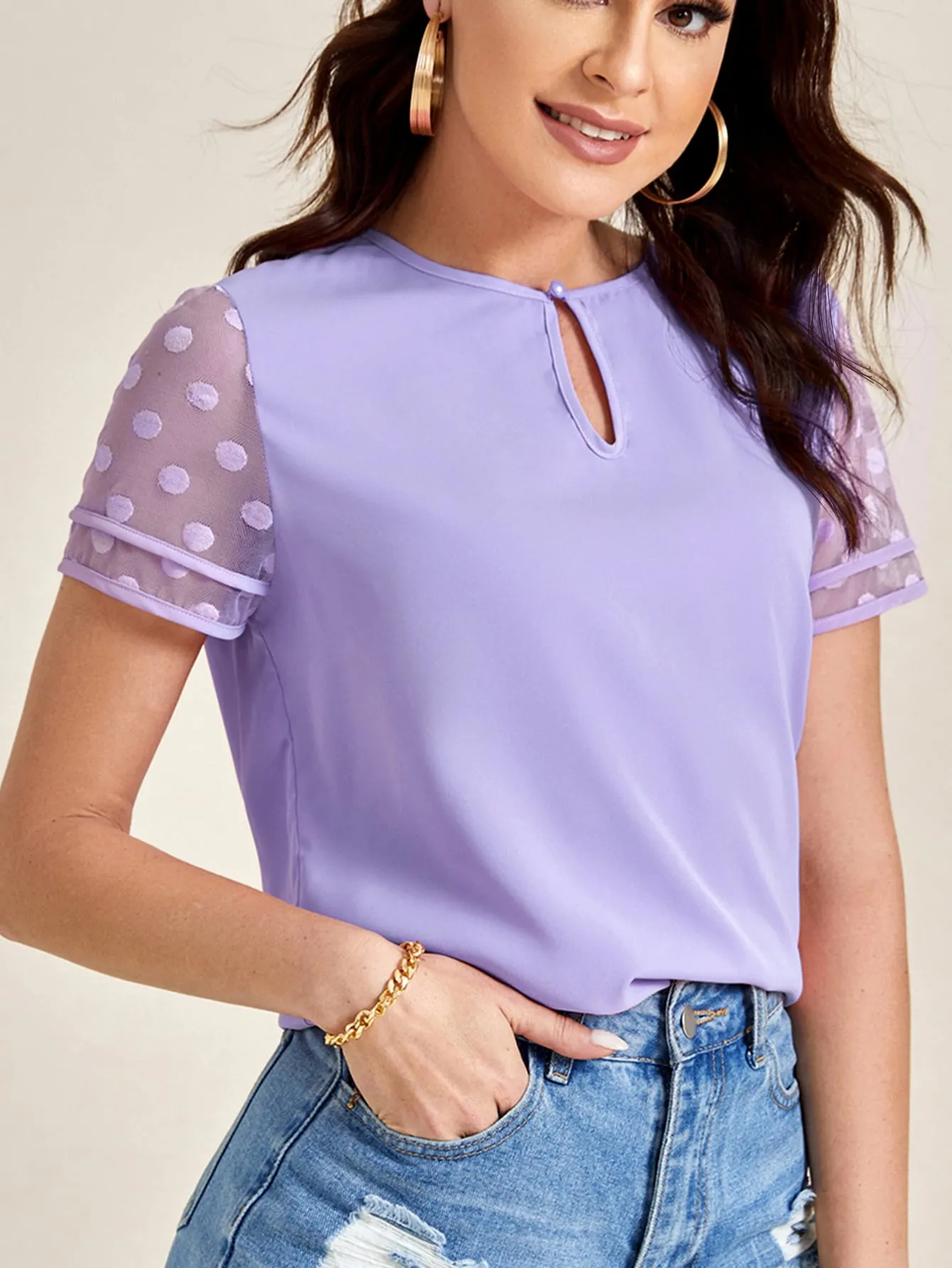 Clasi Ladies' Polka Dot Sheer Short Sleeve Blouse