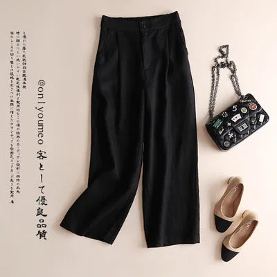 Cotton Blend Women Wide Leg Pants Line Thin Casual OL Uniform Loose Ankle-Length Pants