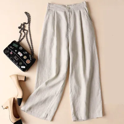 Cotton Blend Women Wide Leg Pants Line Thin Casual OL Uniform Loose Ankle-Length Pants