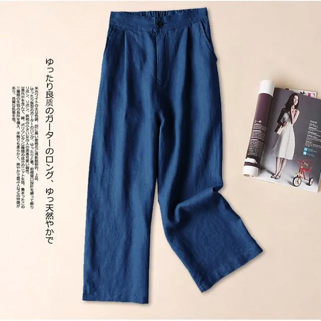 Cotton Blend Women Wide Leg Pants Line Thin Casual OL Uniform Loose Ankle-Length Pants