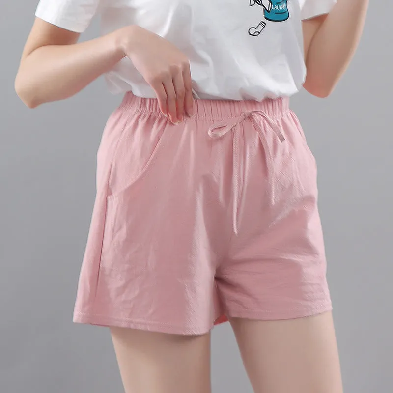 Cotton Solid Colored Shorts Women Elastic Waist Casual Summer All-Matching Track Wide Leg Pants