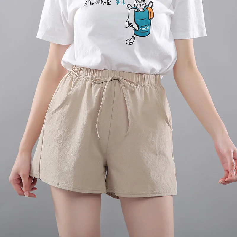 Cotton Solid Colored Shorts Women Elastic Waist Casual Summer All-Matching Track Wide Leg Pants