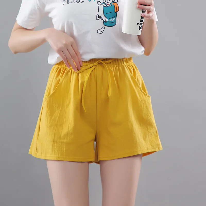 Cotton Solid Colored Shorts Women Elastic Waist Casual Summer All-Matching Track Wide Leg Pants