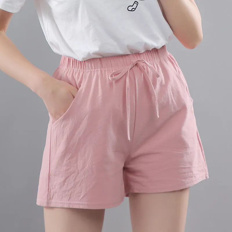 Cotton Solid Colored Shorts Women Elastic Waist Casual Summer All-Matching Track Wide Leg Pants