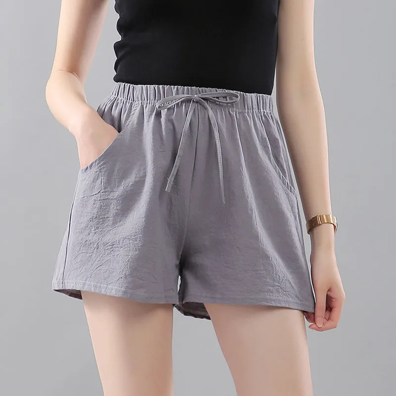 Cotton Solid Colored Shorts Women Elastic Waist Casual Summer All-Matching Track Wide Leg Pants