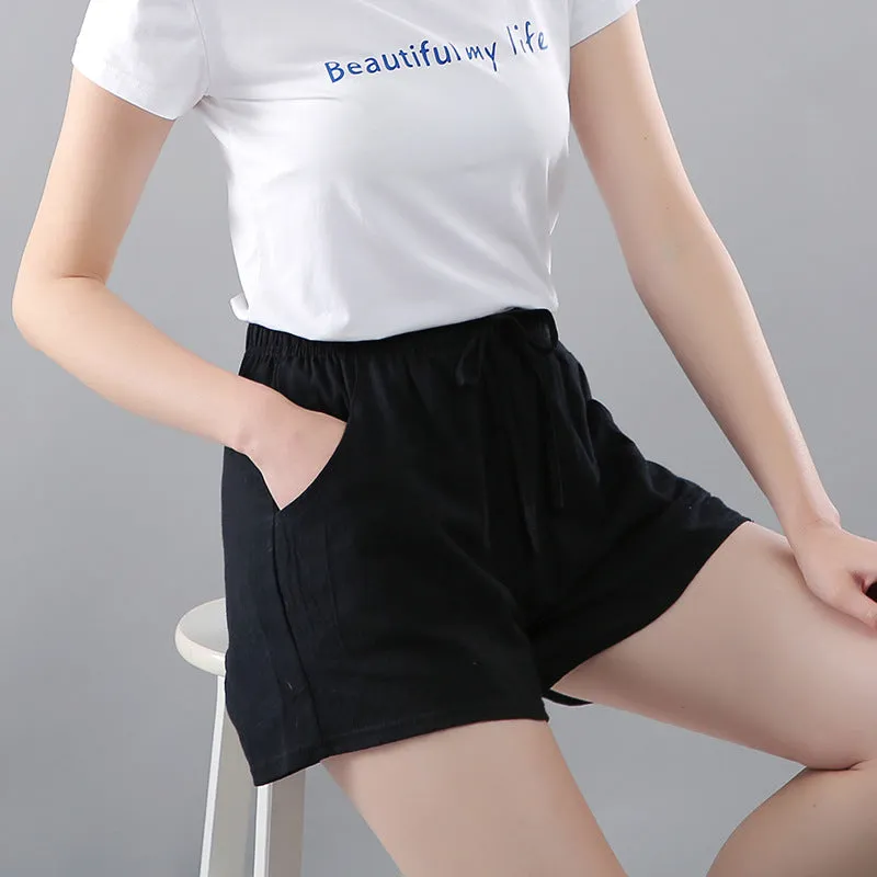 Cotton Solid Colored Shorts Women Elastic Waist Casual Summer All-Matching Track Wide Leg Pants