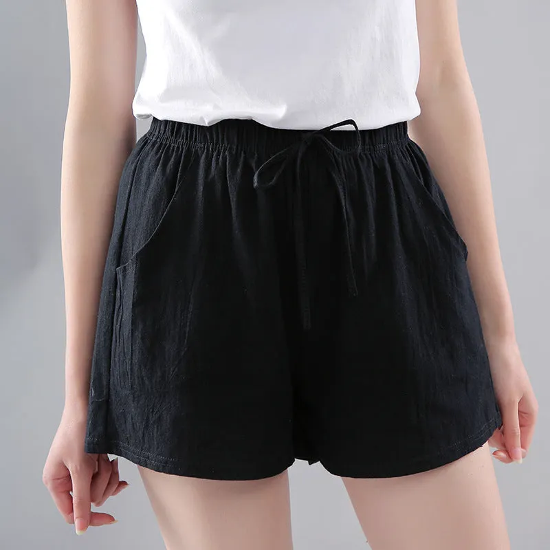 Cotton Solid Colored Shorts Women Elastic Waist Casual Summer All-Matching Track Wide Leg Pants