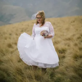 Country Tea Length Lace Wedding Dress with Long Sleeves