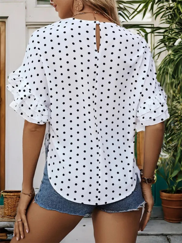 Dotted Curved Blouse with Layered Polka Dot Sleeves for Women