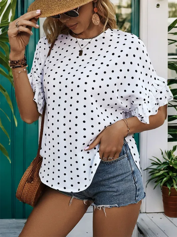 Dotted Curved Blouse with Layered Polka Dot Sleeves for Women