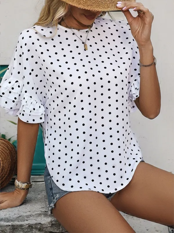 Dotted Curved Blouse with Layered Polka Dot Sleeves for Women