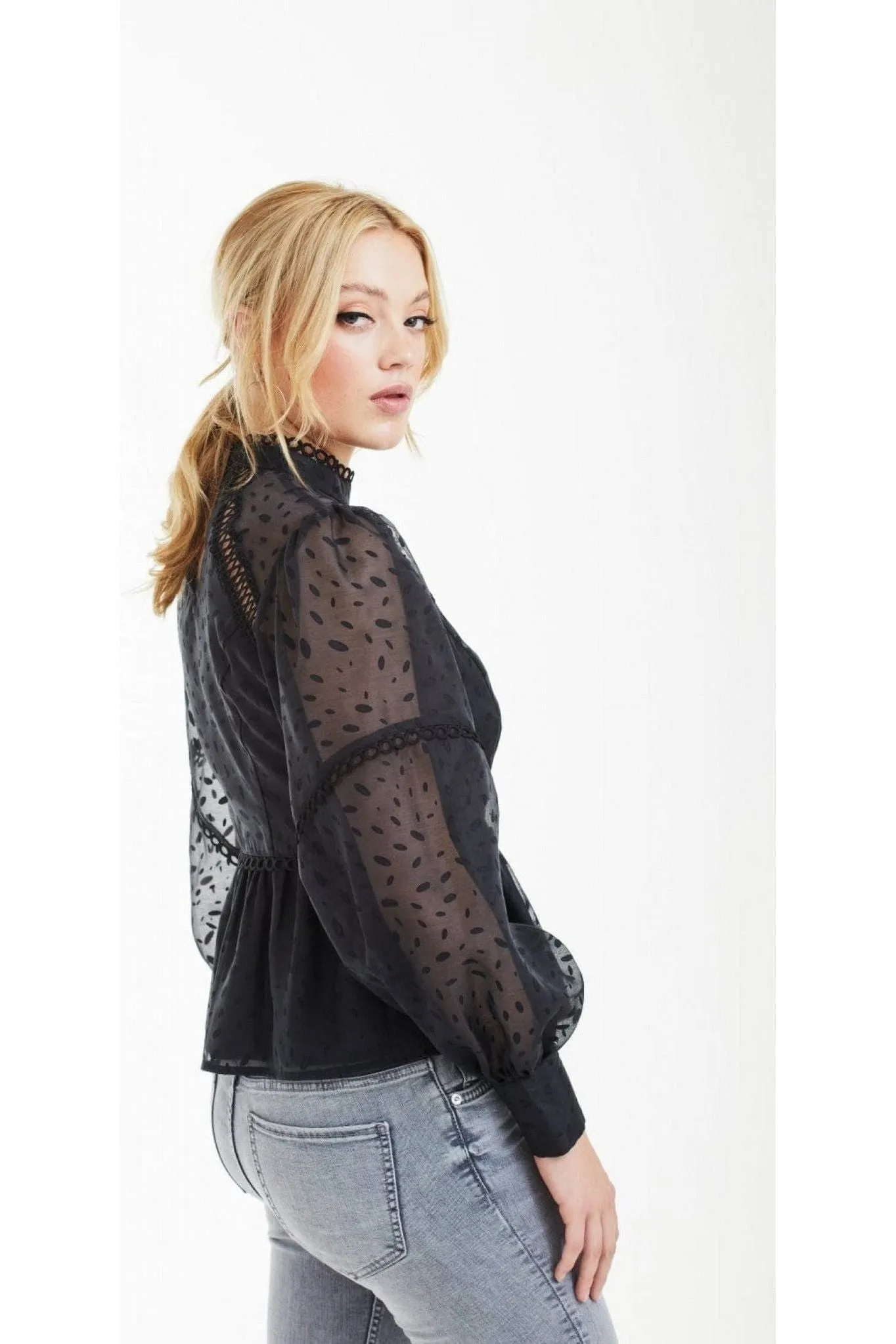 Double Second Black Polka Dot Organza Puff Sleeve Top