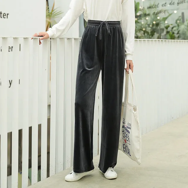 Drape Silk Wide Leg Women Long Straight High Waist Slim-Look Loose Lace Pants