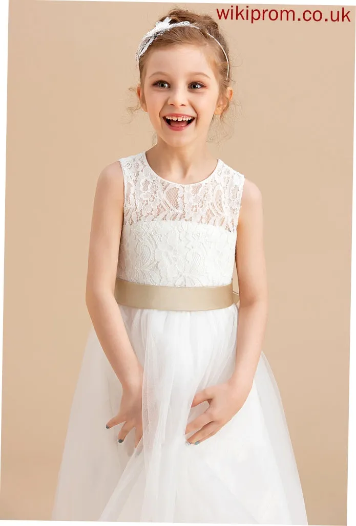 Dress - Sash/Bow(s)/Back Flower Neck Tulle/Lace Flower Girl Dresses Hole A-Line/Princess Viv With Sleeveless Tea-length Girl Scoop