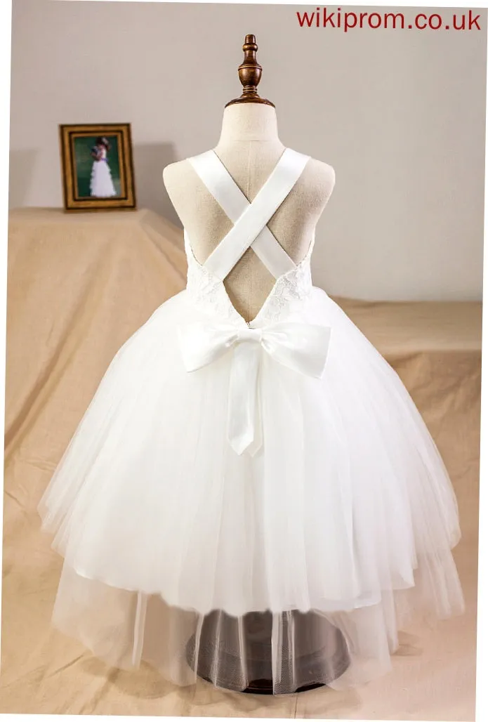 Dress Straps - Sleeveless With Flower Flower Girl Dresses Bow(s) Ball-Gown/Princess Satin/Tulle/Lace Girl Tea-length Naima