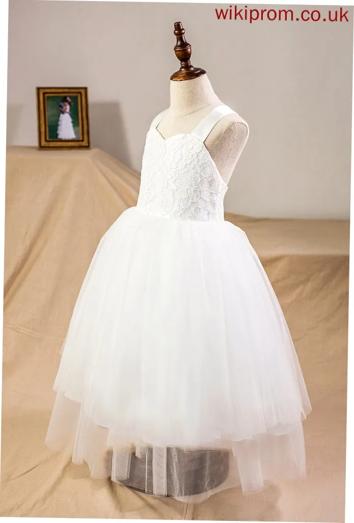 Dress Straps - Sleeveless With Flower Flower Girl Dresses Bow(s) Ball-Gown/Princess Satin/Tulle/Lace Girl Tea-length Naima