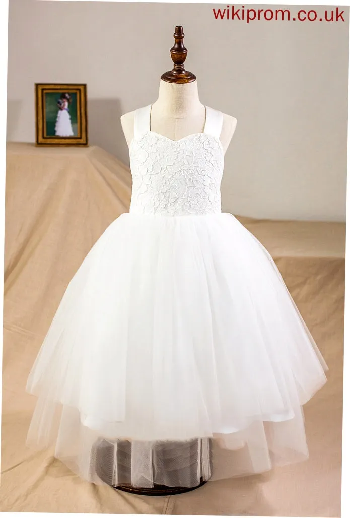 Dress Straps - Sleeveless With Flower Flower Girl Dresses Bow(s) Ball-Gown/Princess Satin/Tulle/Lace Girl Tea-length Naima