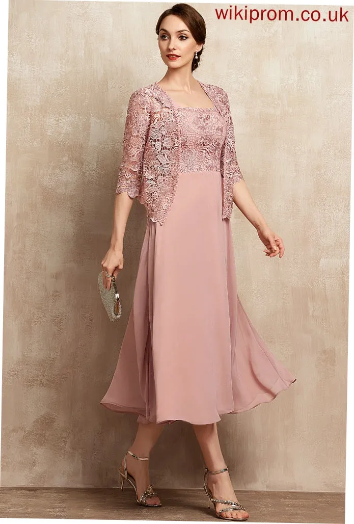 Dress With Tea-Length Chiffon of the Beading A-Line Neckline Mother of the Bride Dresses Lace Sequins Bride Mother Nellie Square