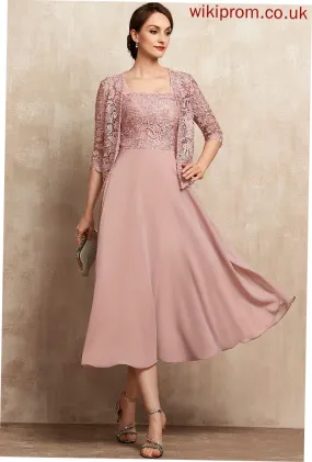 Dress With Tea-Length Chiffon of the Beading A-Line Neckline Mother of the Bride Dresses Lace Sequins Bride Mother Nellie Square