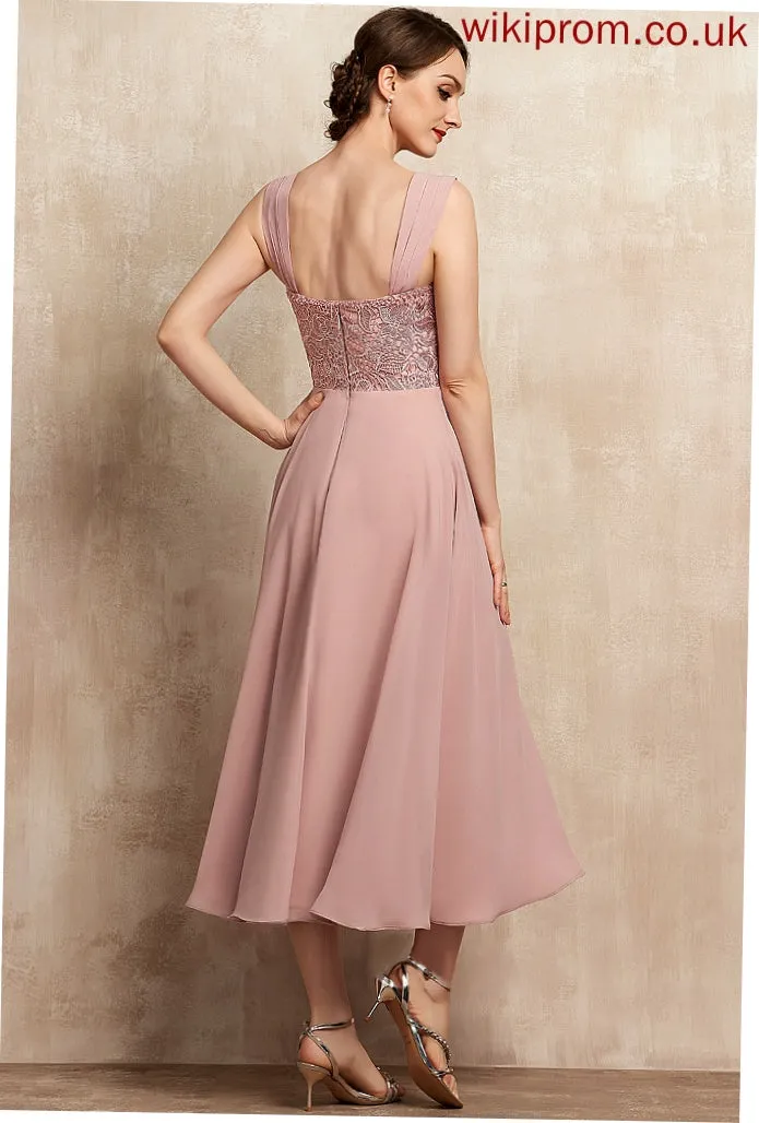 Dress With Tea-Length Chiffon of the Beading A-Line Neckline Mother of the Bride Dresses Lace Sequins Bride Mother Nellie Square