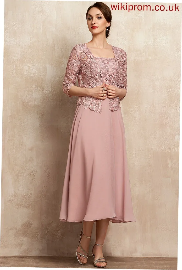 Dress With Tea-Length Chiffon of the Beading A-Line Neckline Mother of the Bride Dresses Lace Sequins Bride Mother Nellie Square