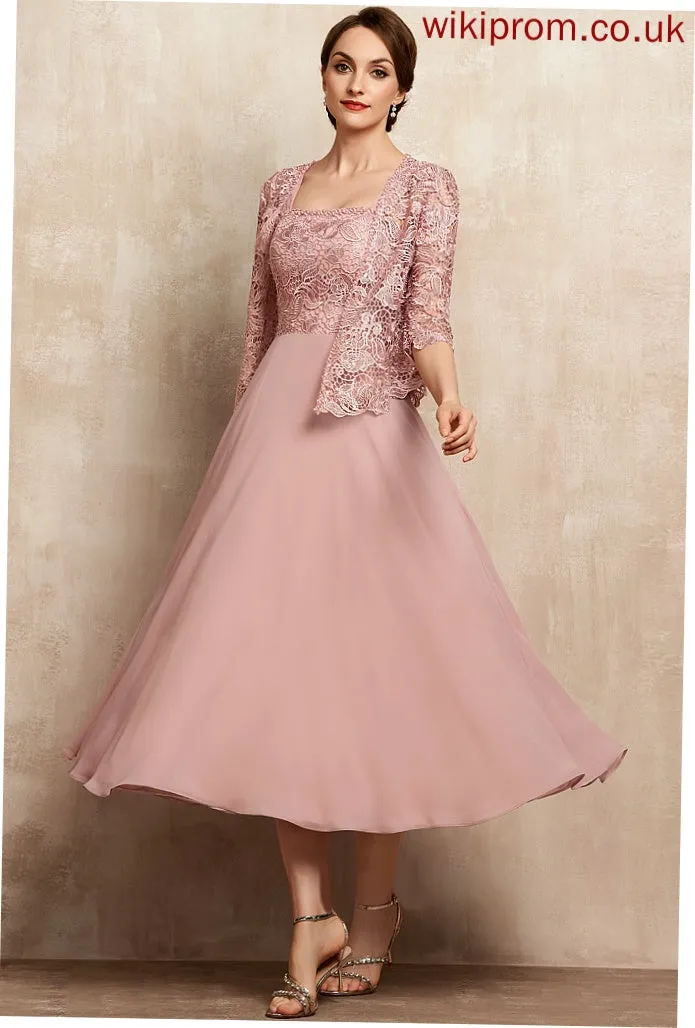 Dress With Tea-Length Chiffon of the Beading A-Line Neckline Mother of the Bride Dresses Lace Sequins Bride Mother Nellie Square