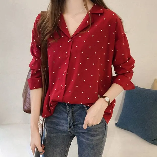 DressBetty - Polka Dot Blouse Women Shirt Long Sleeve Blouse Korean Female Tops Tunic Clothing Asian Size