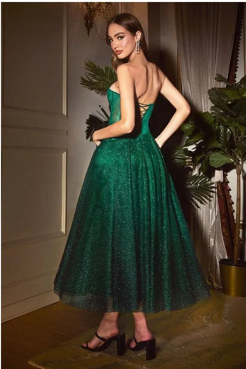 Emerald Sheer Corset Tea Length Glitter Dress