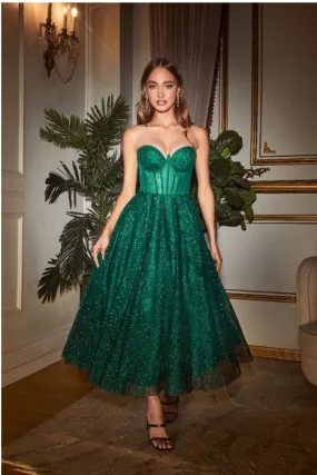 Emerald Sheer Corset Tea Length Glitter Dress