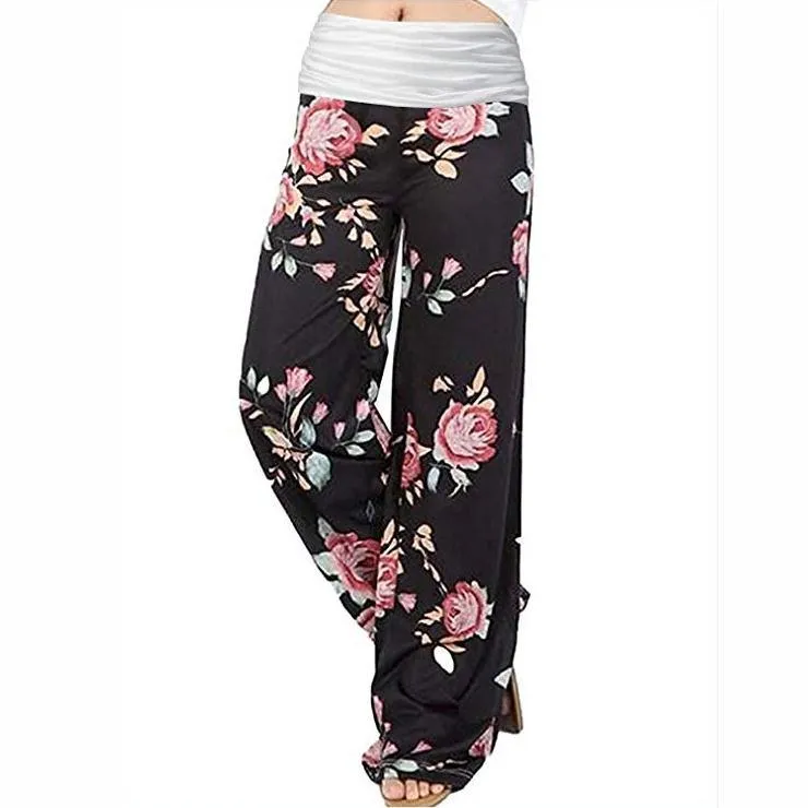 Europe Home Women Spliced Yoga Pants Loose Casual Wide Leg Long Pants