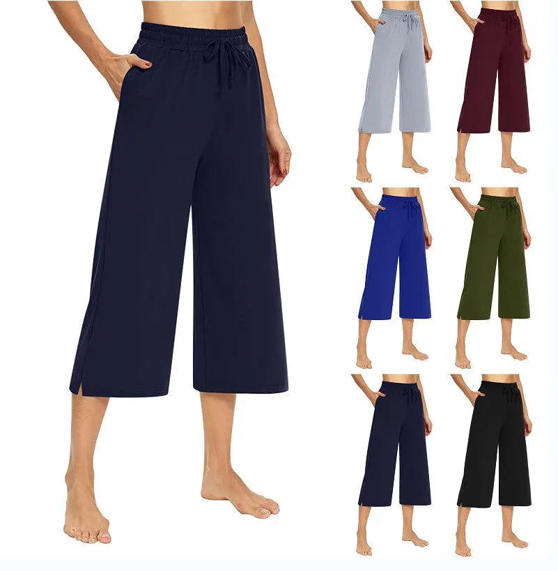 Europe Summer Women Solid Colored Three Quarter Wide Leg Pants Loose Casual Pants