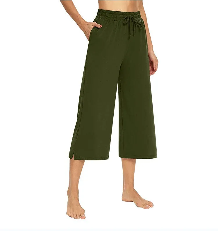 Europe Summer Women Solid Colored Three Quarter Wide Leg Pants Loose Casual Pants