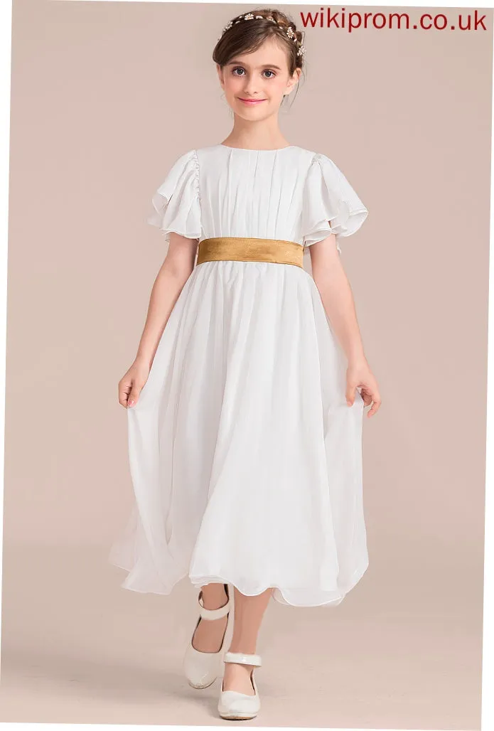 Flower Scoop - Emilee Sleeves Flower Girl Dresses Dress Chiffon/Charmeuse With A-Line Tea-length Neck Short Girl Sash