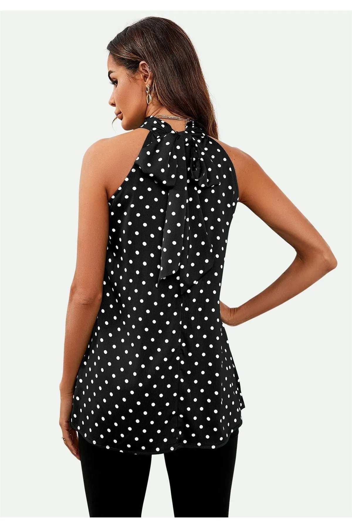 FS Collection Polka Dot Print Halter Neck Tie Back Top In Black