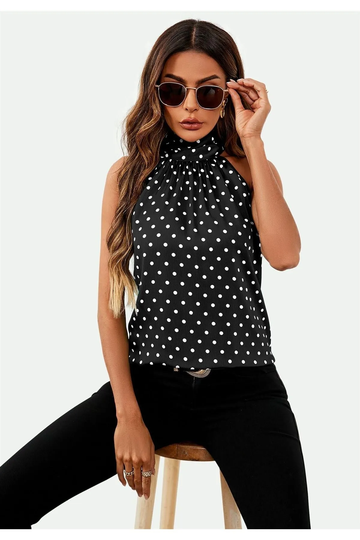 FS Collection Polka Dot Print Halter Neck Tie Back Top In Black