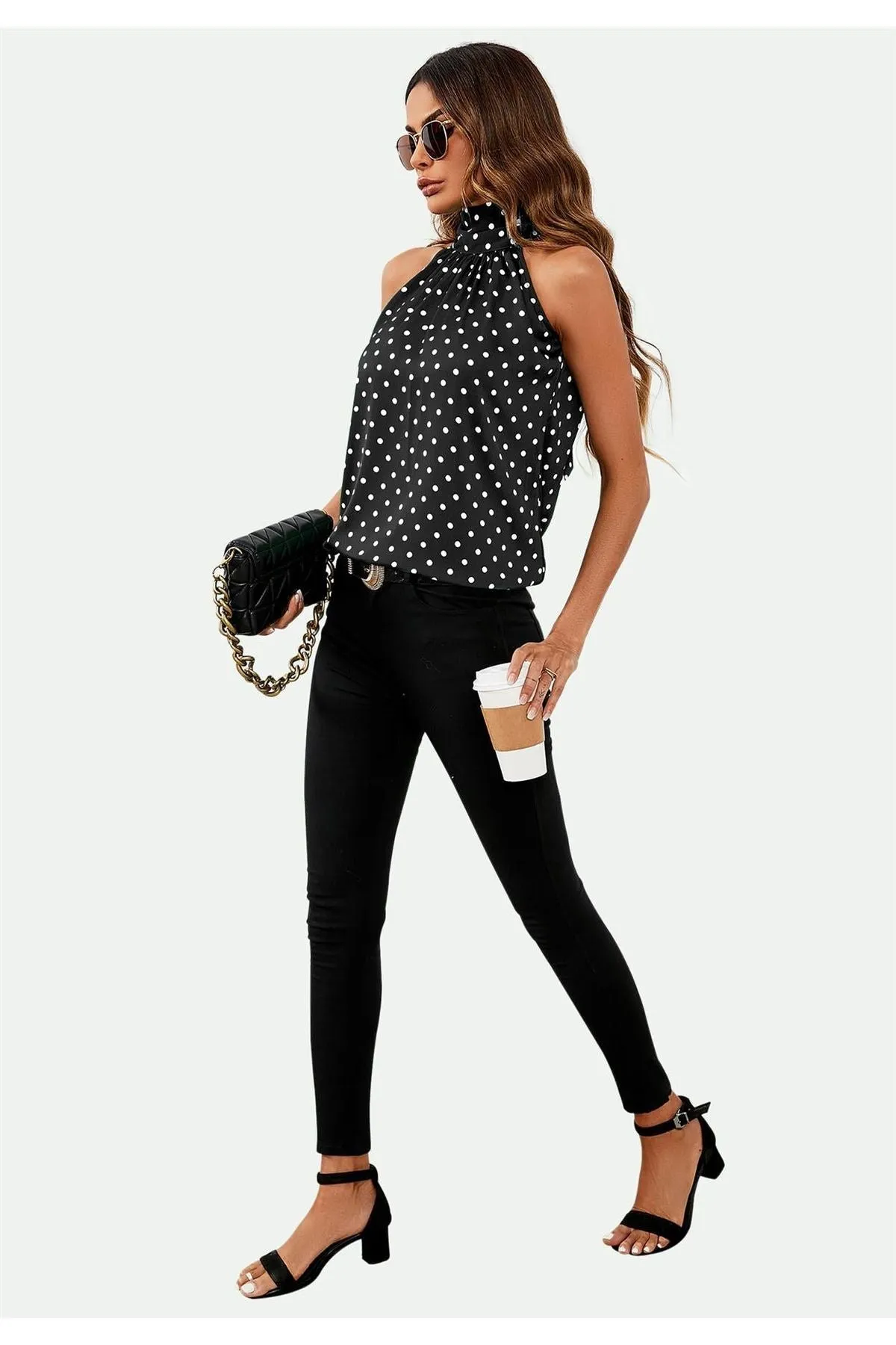 FS Collection Polka Dot Print Halter Neck Tie Back Top In Black