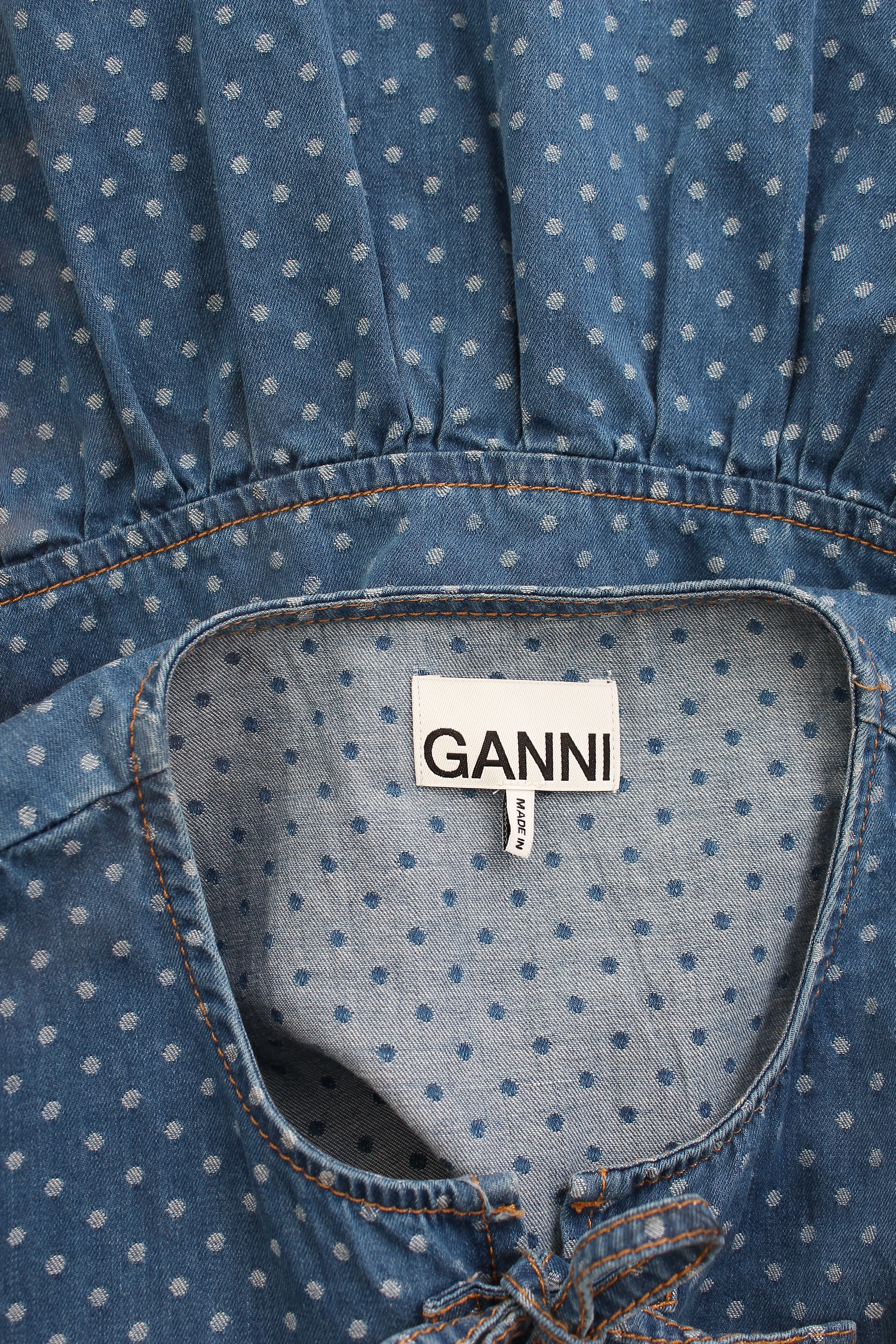 GANNI Polka-Dot Denim Peplum Blouse - Current Season