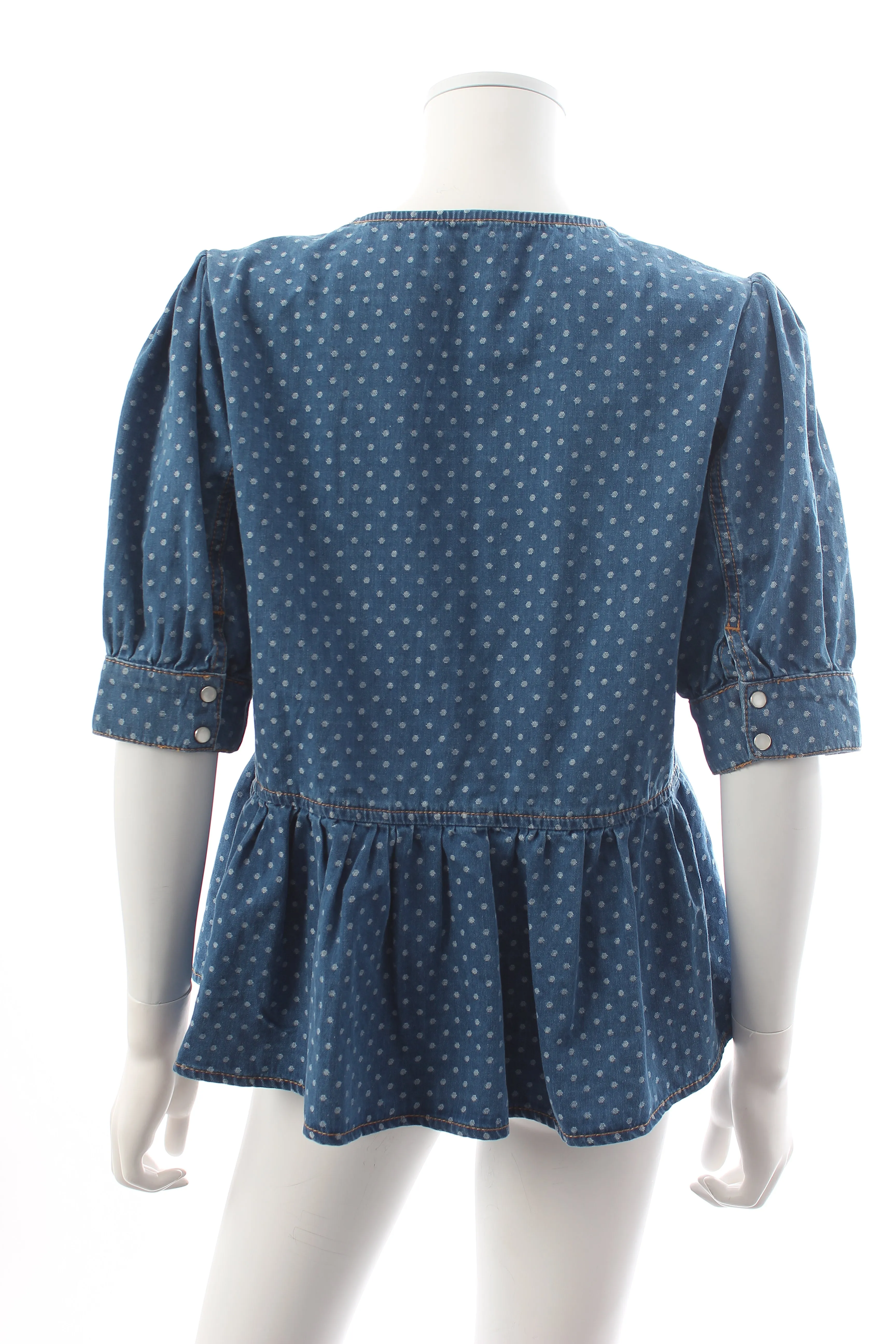 GANNI Polka-Dot Denim Peplum Blouse - Current Season